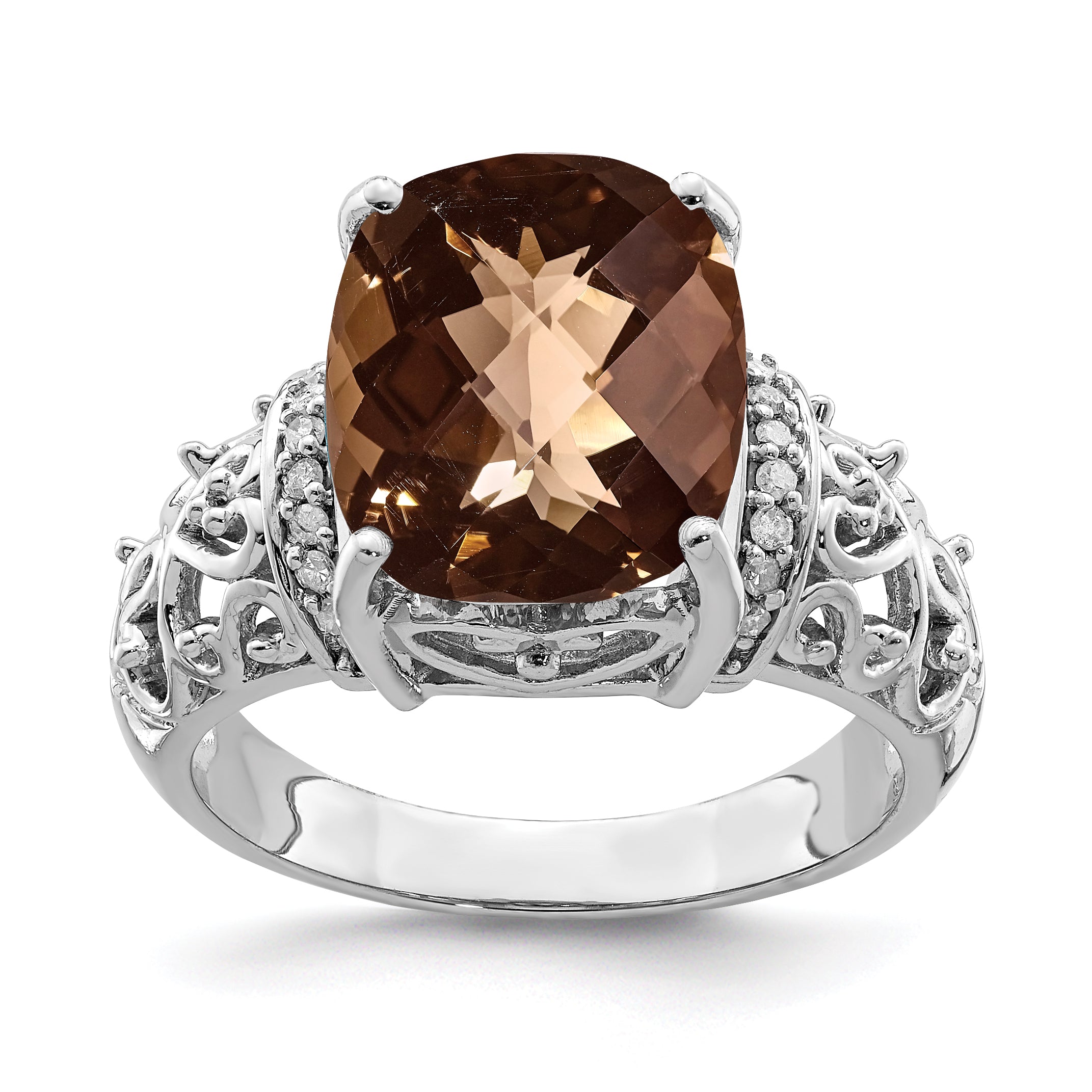 Sterling Silver Rhodium Diamond & Checker-Cut Smoky Quartz Ring