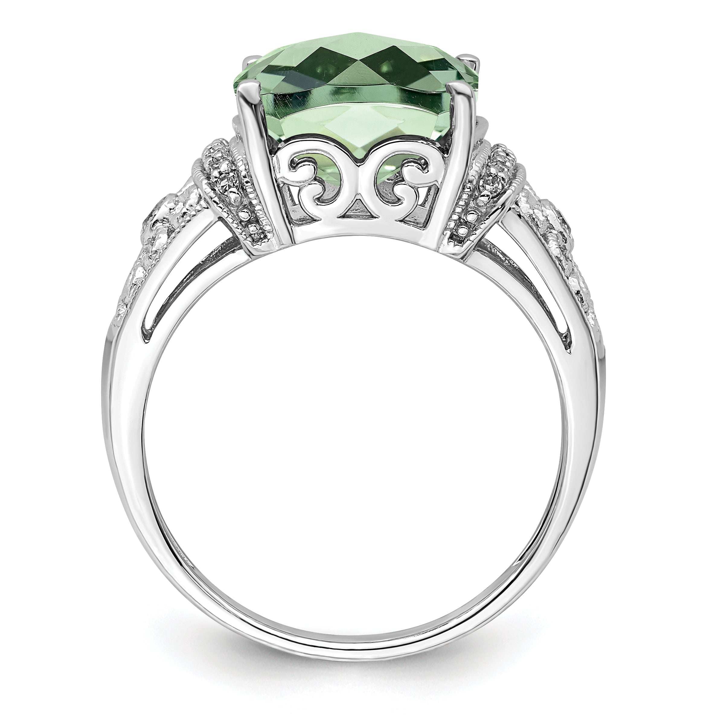 Sterling Silver Rhodium Diamond & Checker-Cut Green Quartz Ring