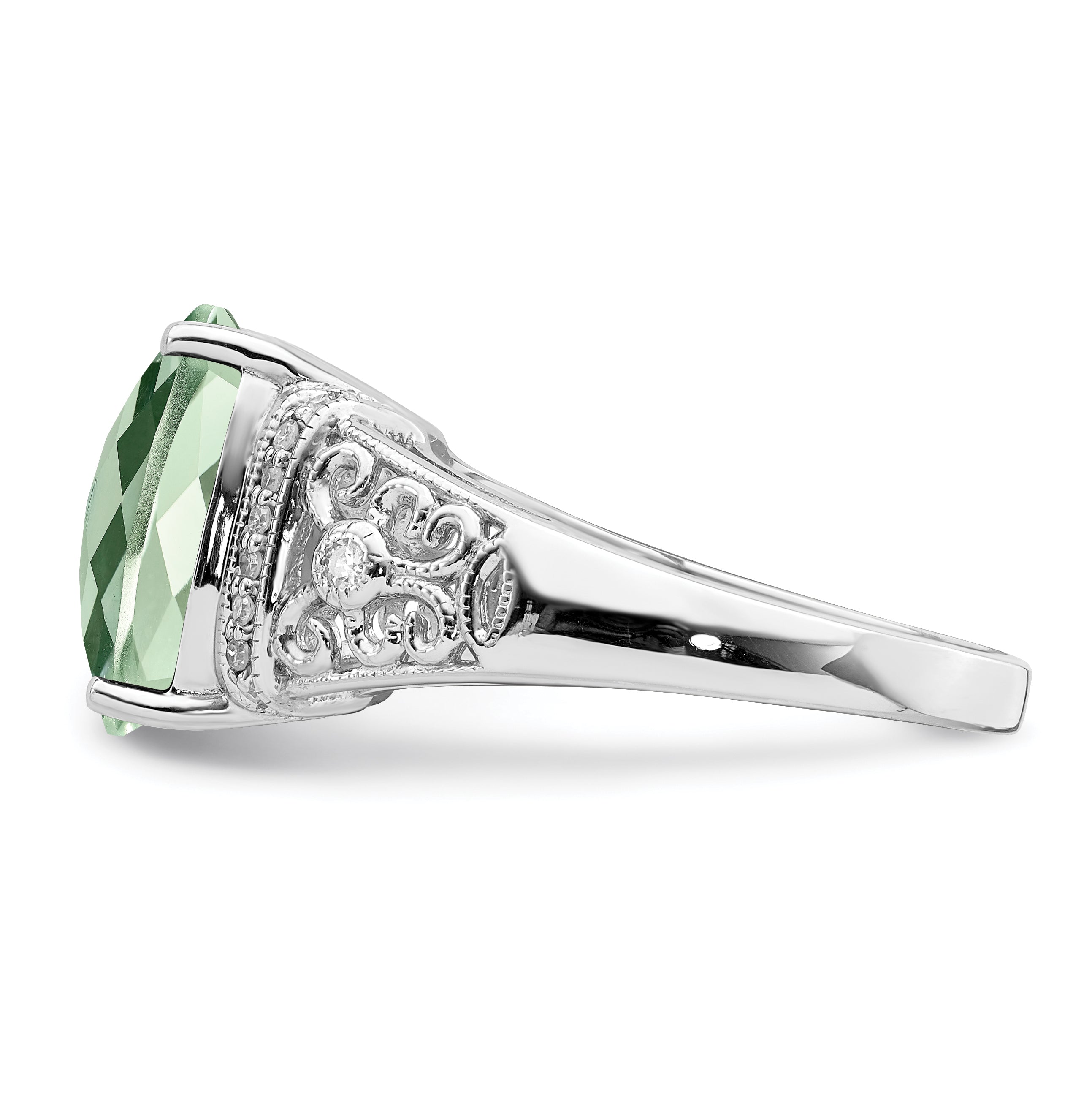 Sterling Silver Rhodium Diamond & Checker-Cut Green Quartz Ring