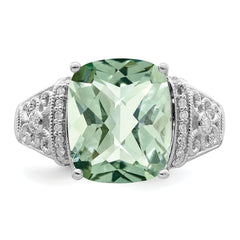 Sterling Silver Rhodium Diamond & Checker-Cut Green Quartz Ring