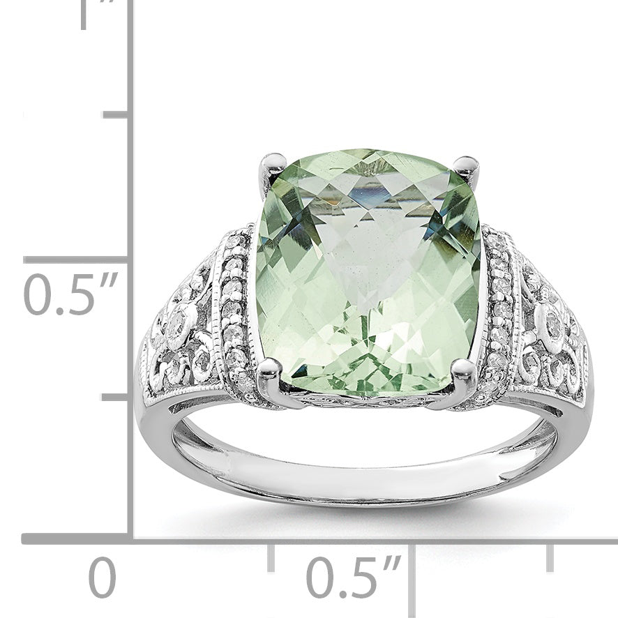 Sterling Silver Rhodium Diamond & Checker-Cut Green Quartz Ring