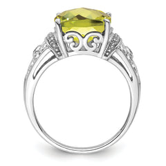 Sterling Silver Rhodium Diamond & Checker-Cut Lemon Quartz Ring