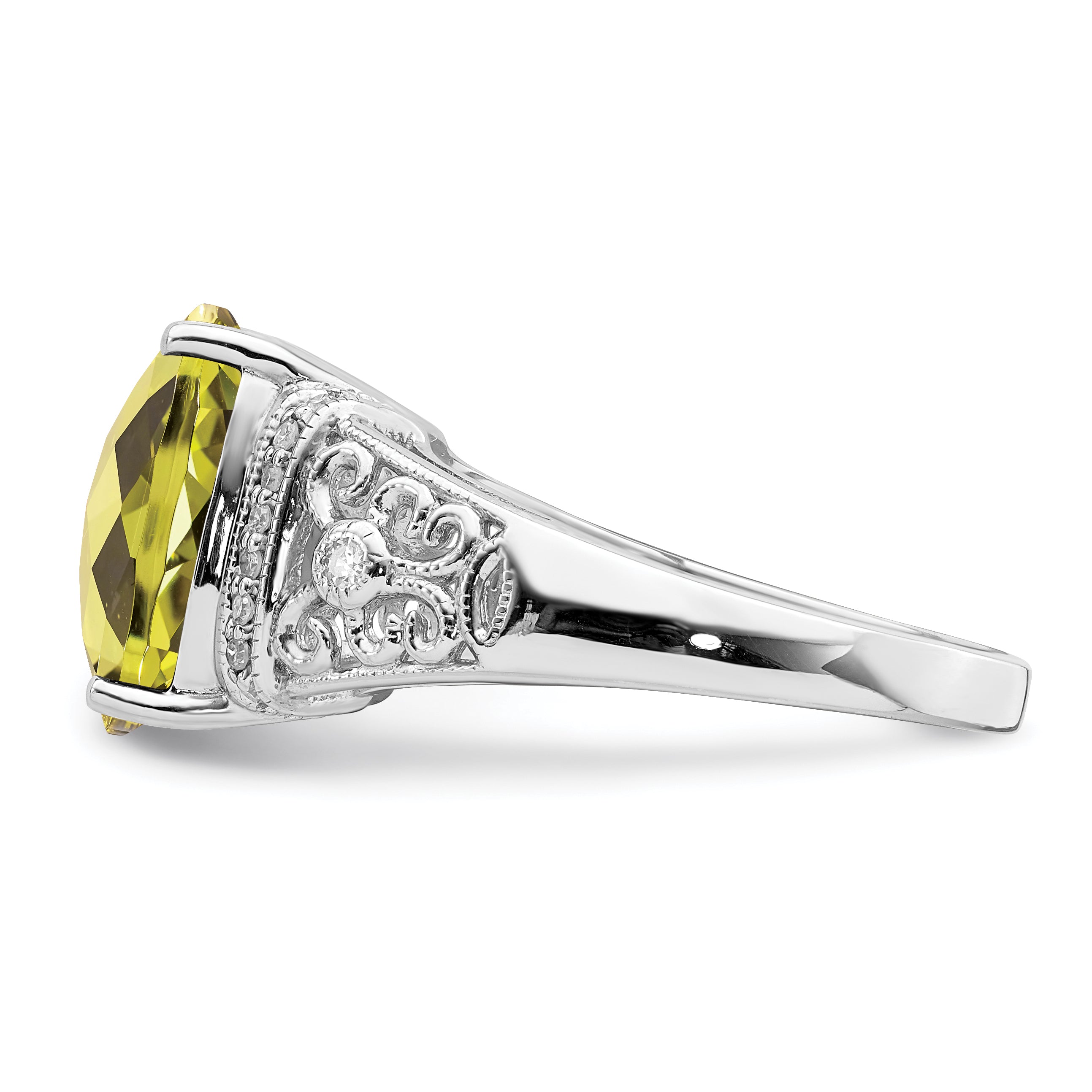 Sterling Silver Rhodium Diamond & Checker-Cut Lemon Quartz Ring