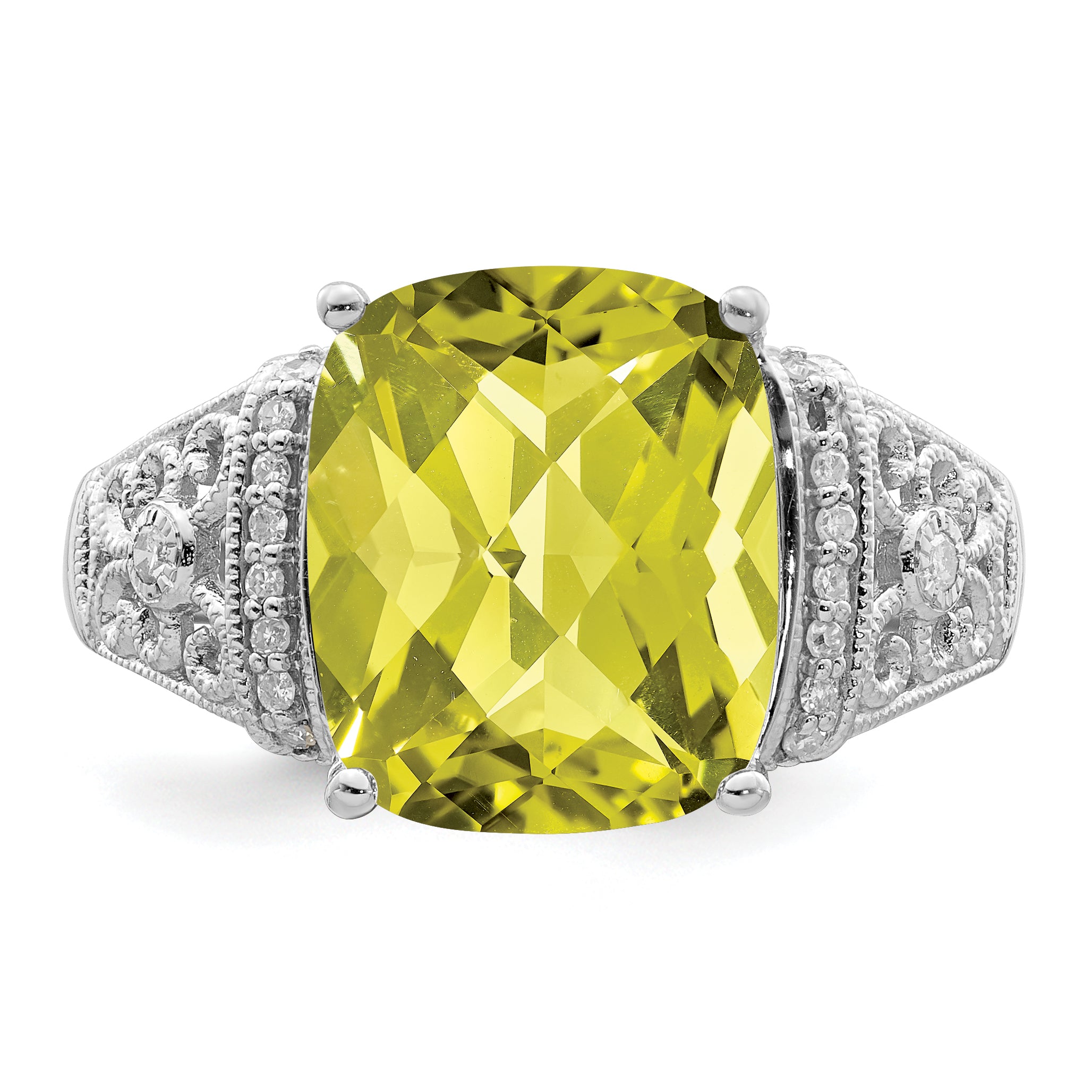 Sterling Silver Rhodium Diamond & Checker-Cut Lemon Quartz Ring