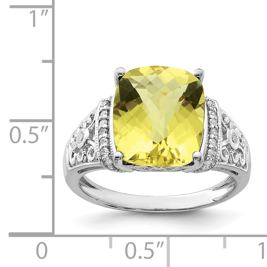 Sterling Silver Rhodium Diamond & Checker-Cut Lemon Quartz Ring