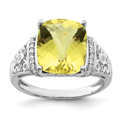 Sterling Silver Rhodium Diamond & Checker-Cut Lemon Quartz Ring