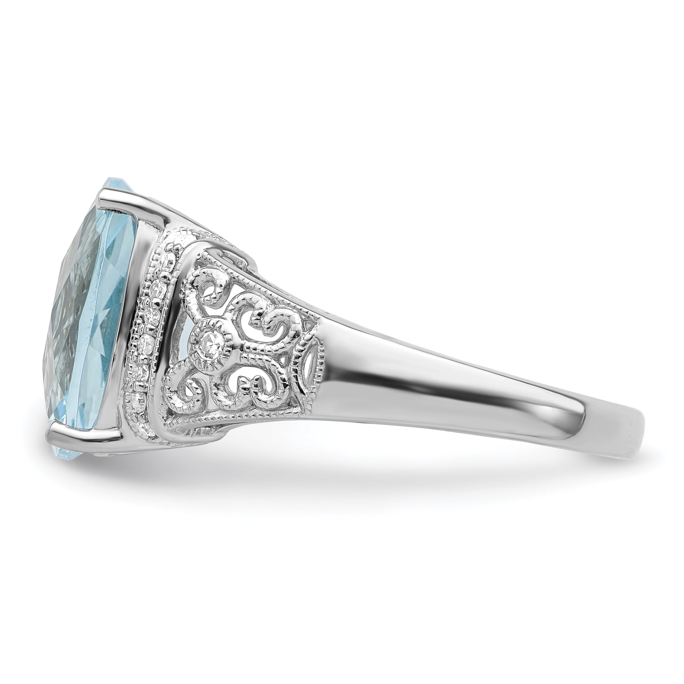 Sterling Silver Rhodium Diamond & Checker-Cut Sky Blue Topaz Ring