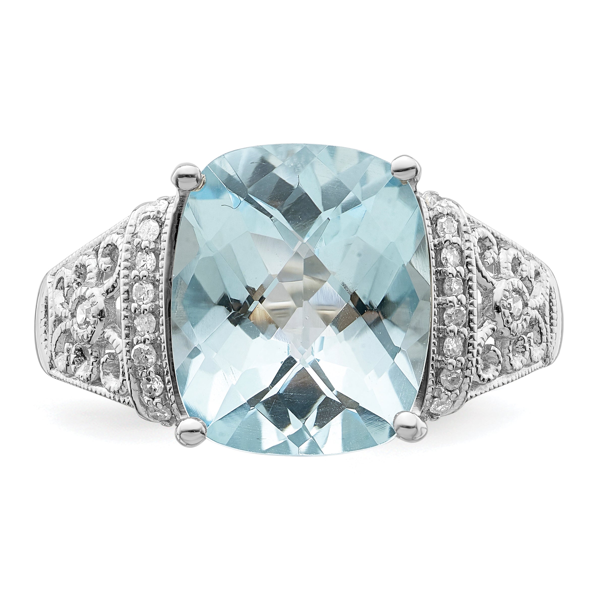 Sterling Silver Rhodium Diamond & Checker-Cut Sky Blue Topaz Ring