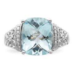 Sterling Silver Rhodium Diamond & Checker-Cut Sky Blue Topaz Ring