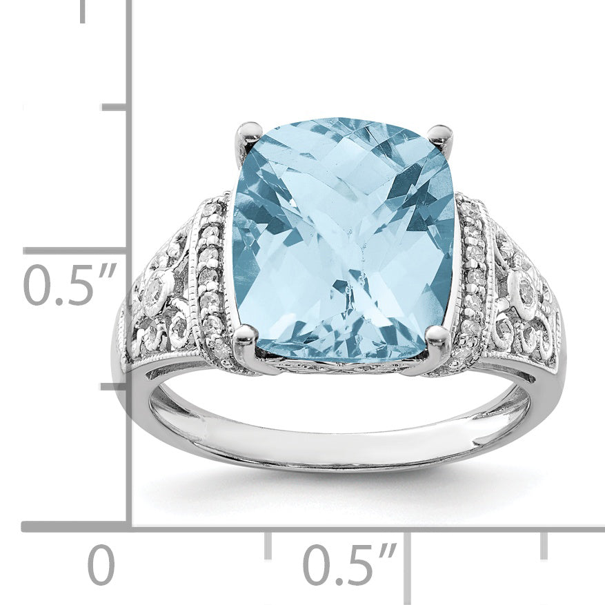 Sterling Silver Rhodium Diamond & Checker-Cut Sky Blue Topaz Ring