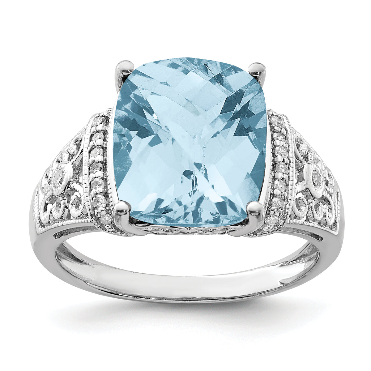 Sterling Silver Rhodium Diamond & Checker-Cut Sky Blue Topaz Ring