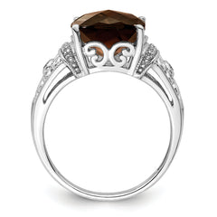 Sterling Silver Rhodium Diamond & Checker-Cut Smoky Quartz Ring