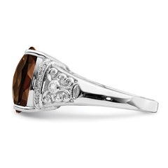 Sterling Silver Rhodium Diamond & Checker-Cut Smoky Quartz Ring