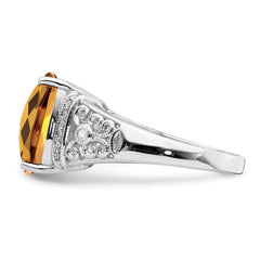 Sterling Silver Rhodium Diamond & Checker-Cut Whiskey Quartz Ring