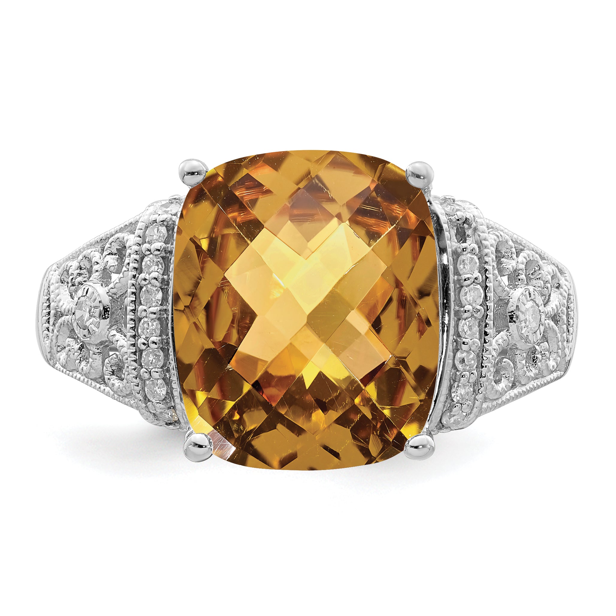 Sterling Silver Rhodium Diamond & Checker-Cut Whiskey Quartz Ring