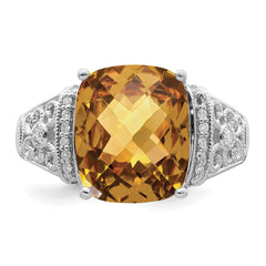 Sterling Silver Rhodium Diamond & Checker-Cut Whiskey Quartz Ring