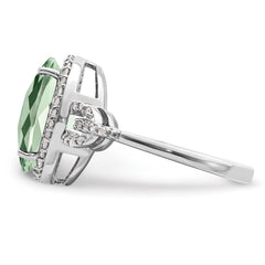 Sterling Silver Rhodium Oval Diamond & Checker-Cut Green Quartz Ring