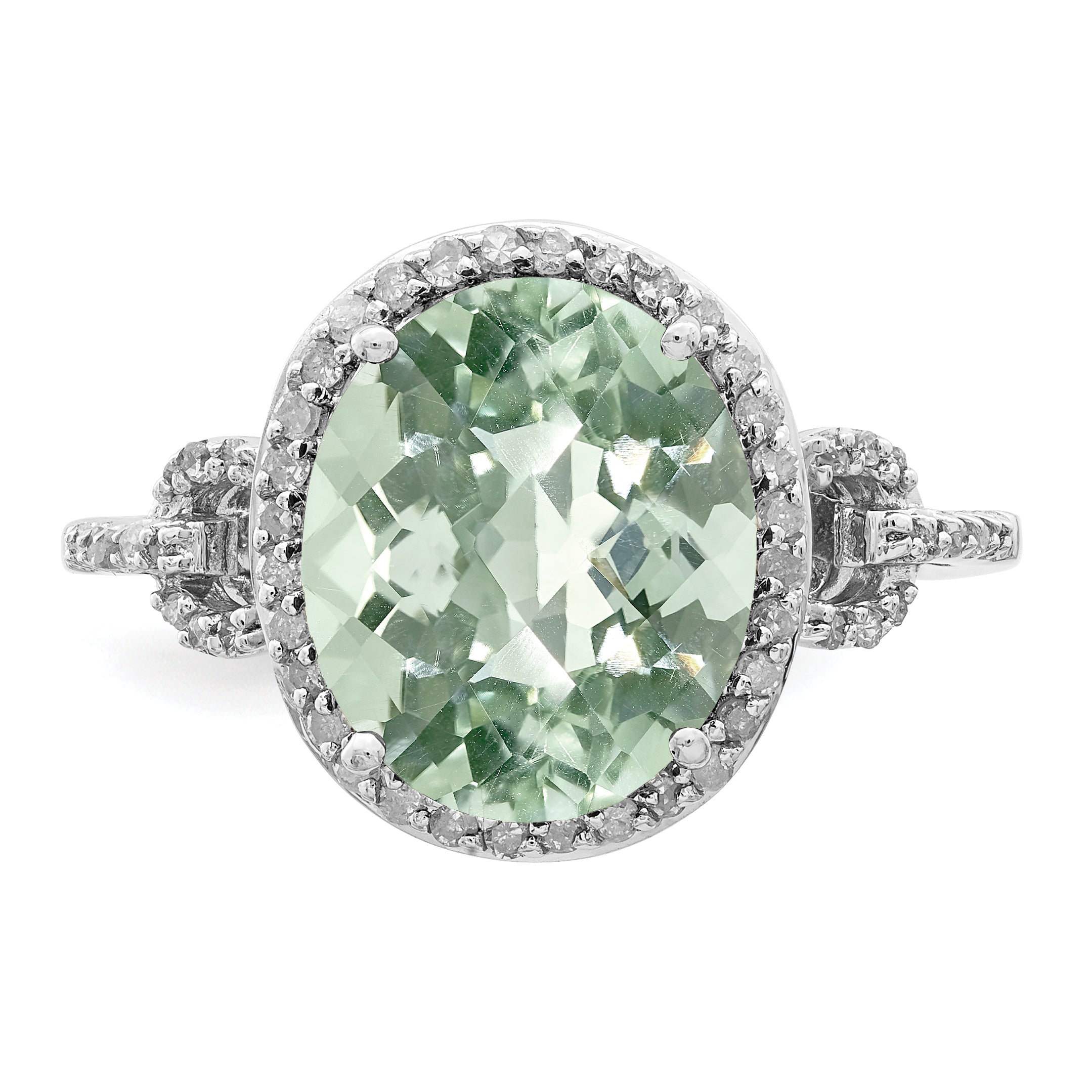 Sterling Silver Rhodium Oval Diamond & Checker-Cut Green Quartz Ring