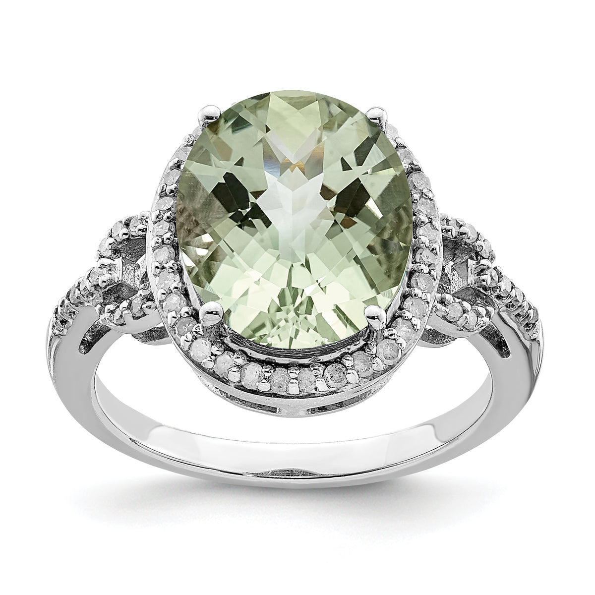 Sterling Silver Rhodium Oval Diamond & Checker-Cut Green Quartz Ring