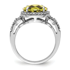 Sterling Silver Rhodium Oval Diamond & Checker-Cut Lemon Quartz Ring