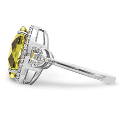 Sterling Silver Rhodium Oval Diamond & Checker-Cut Lemon Quartz Ring