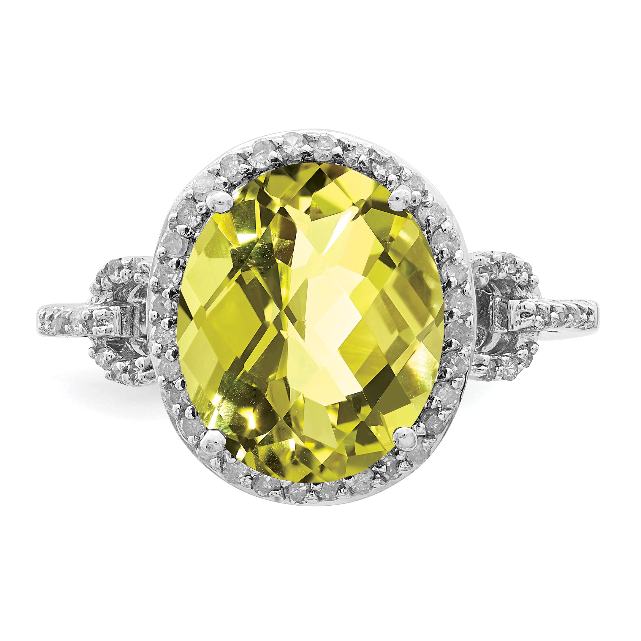 Sterling Silver Rhodium Oval Diamond & Checker-Cut Lemon Quartz Ring