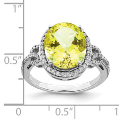 Sterling Silver Rhodium Oval Diamond & Checker-Cut Lemon Quartz Ring