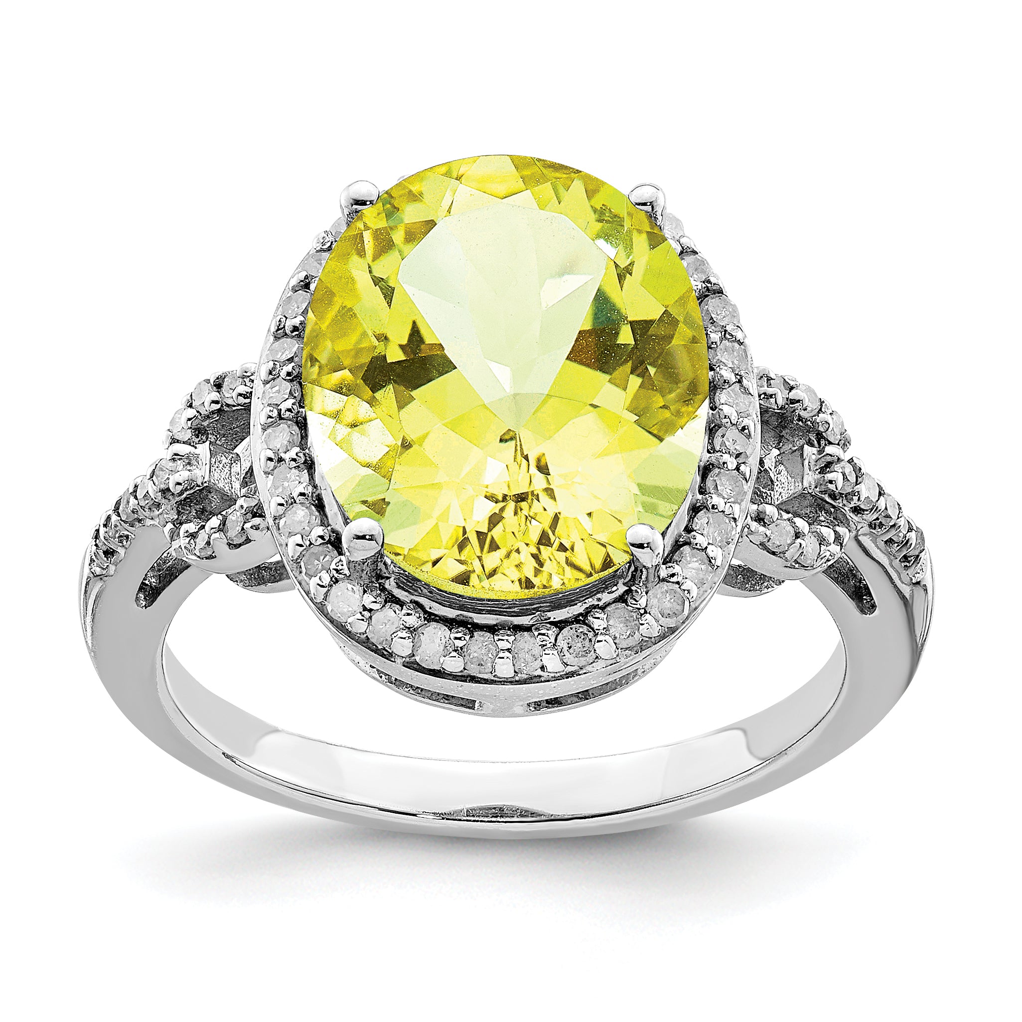 Sterling Silver Rhodium Oval Diamond & Checker-Cut Lemon Quartz Ring