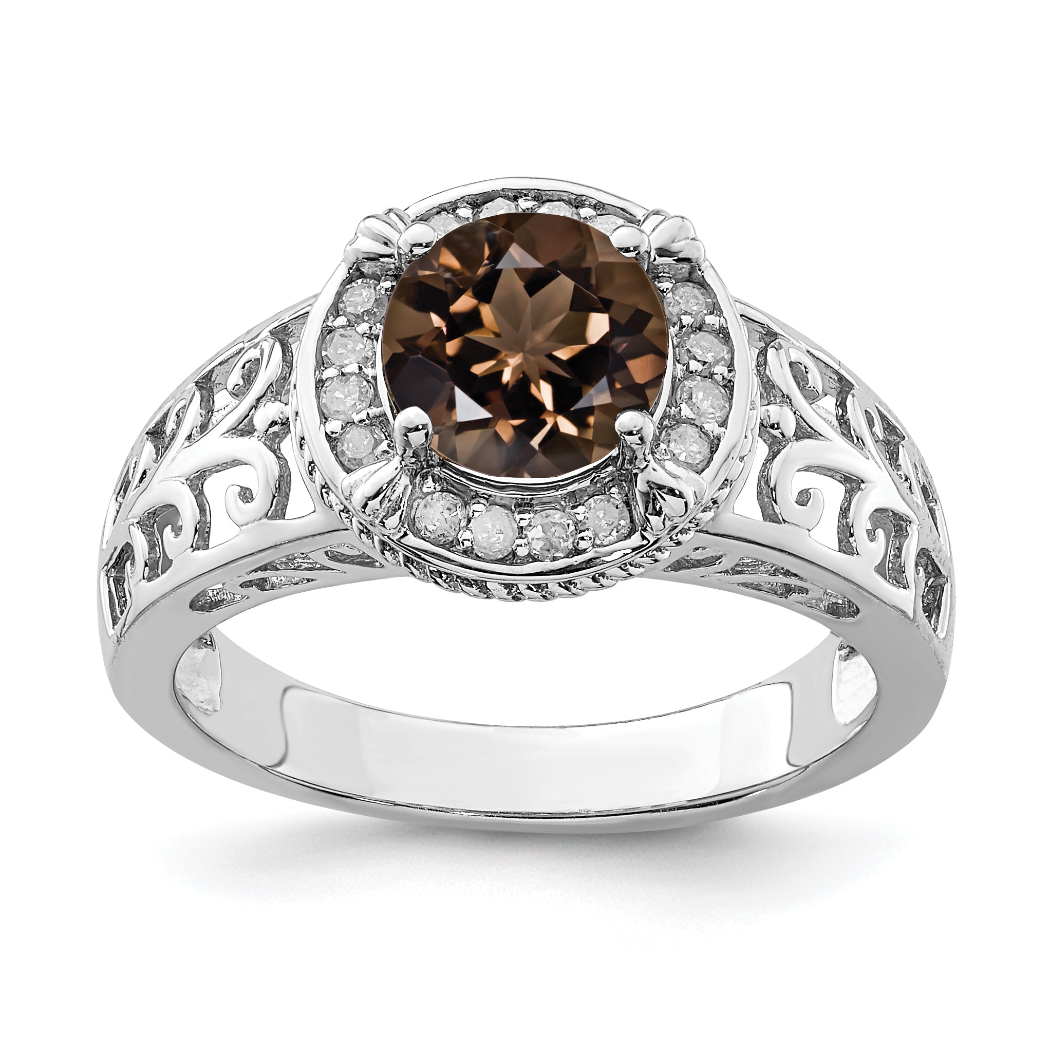 Sterling Silver Rhodium Diamond & Smoky Quartz Ring