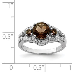 Sterling Silver Rhodium Diamond & Smoky Quartz Ring