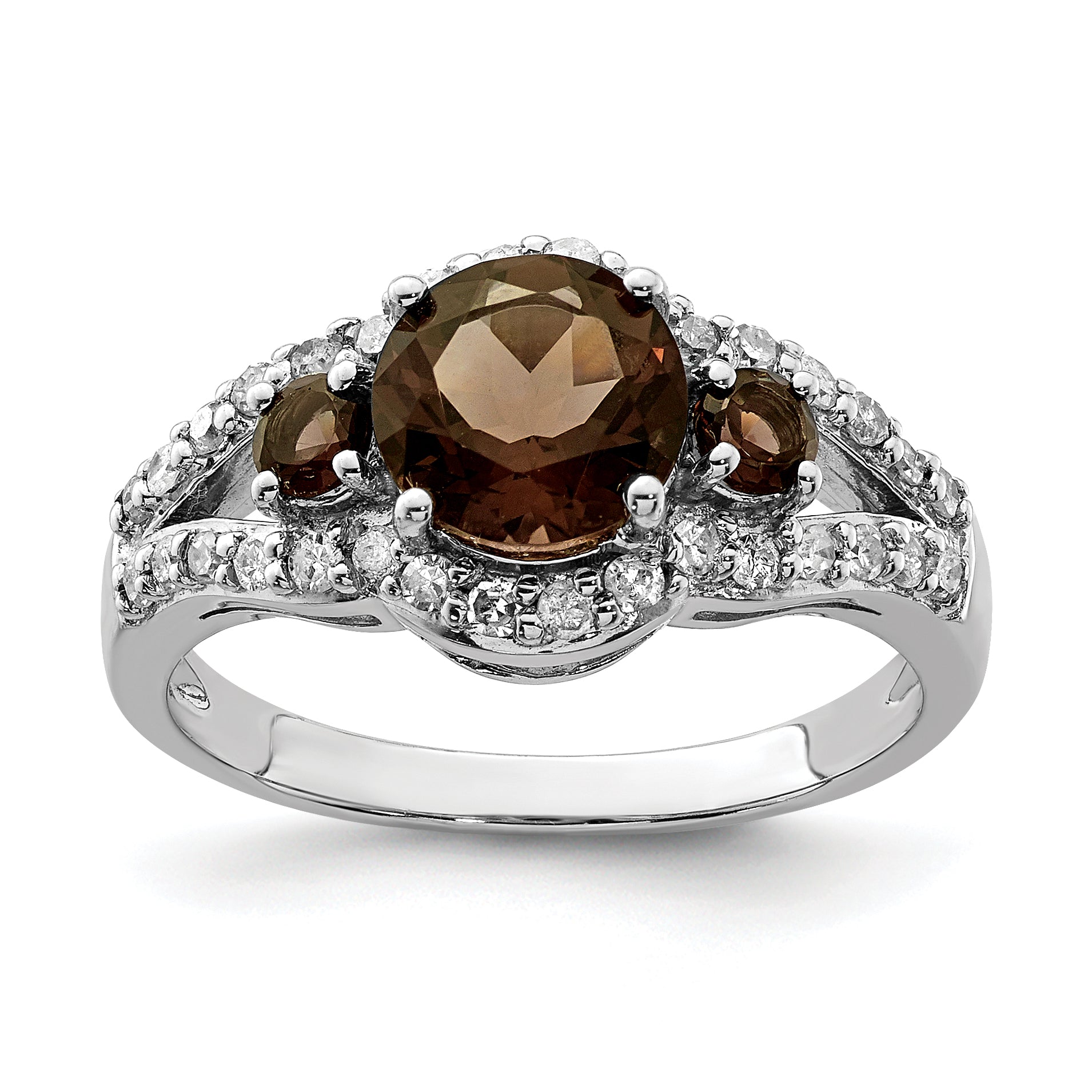 Sterling Silver Rhodium Diamond & Smoky Quartz Ring