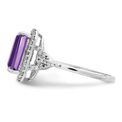 Sterling Silver Rhodium-plated Octagonal Amethyst & Diamond Ring