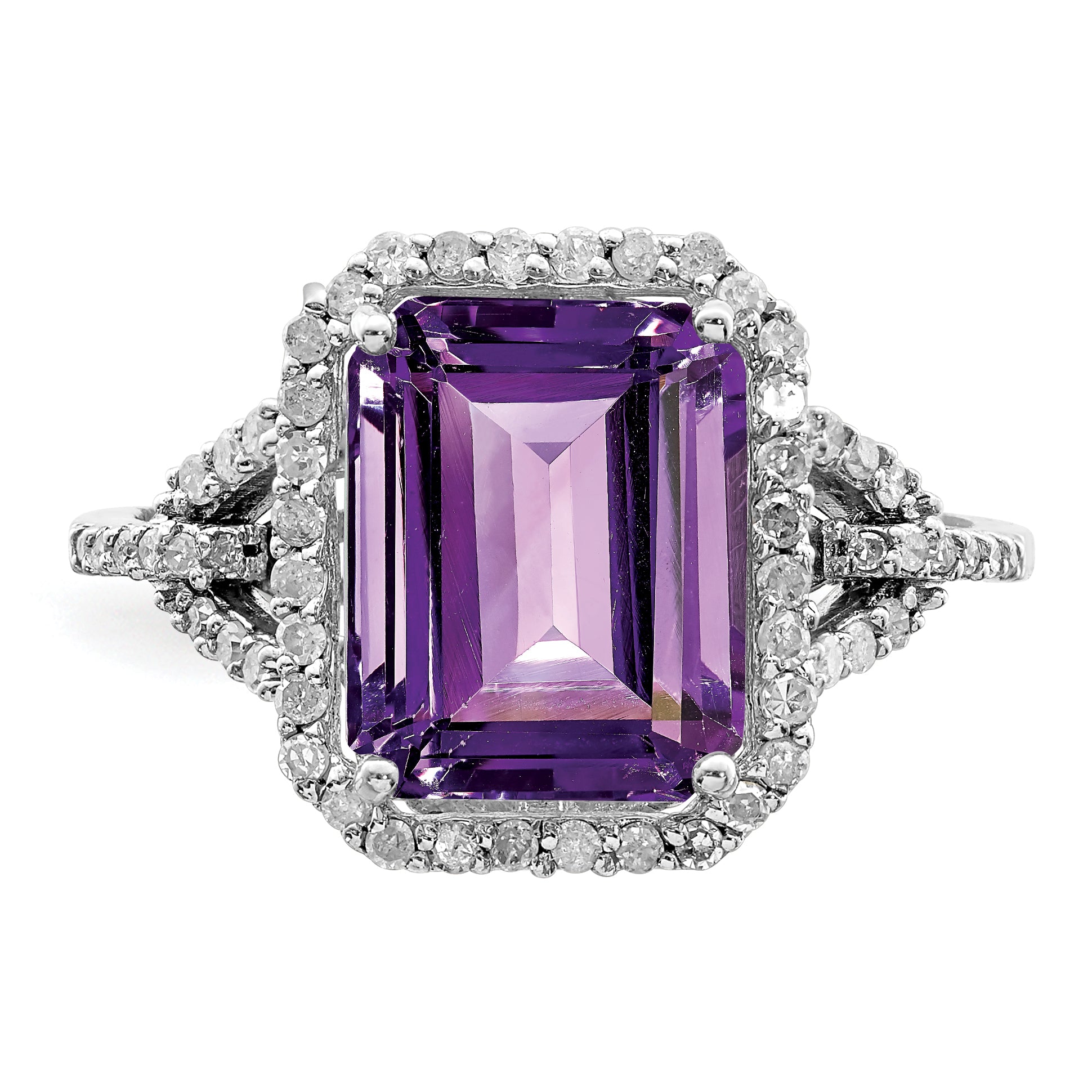 Sterling Silver Rhodium-plated Octagonal Amethyst & Diamond Ring