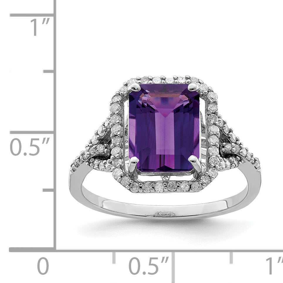 Sterling Silver Rhodium-plated Octagonal Amethyst & Diamond Ring