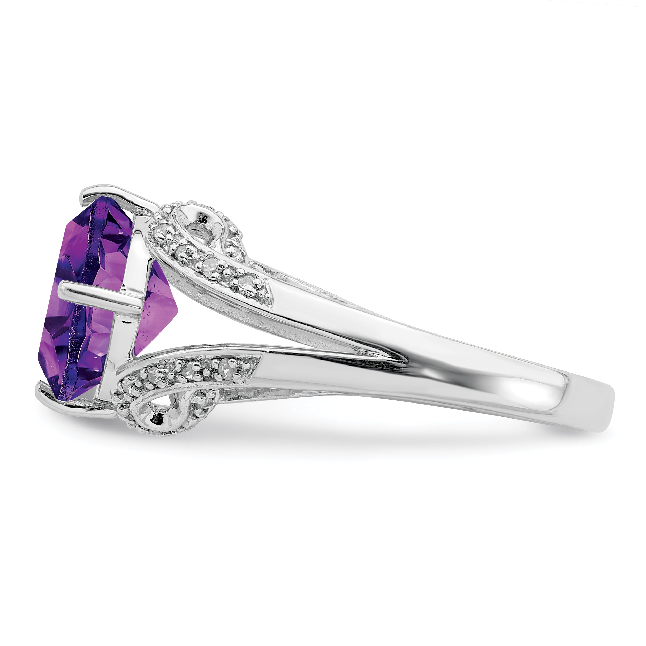 Sterling Silver Rhodium-plated Oval Amethyst & Diamond Ring