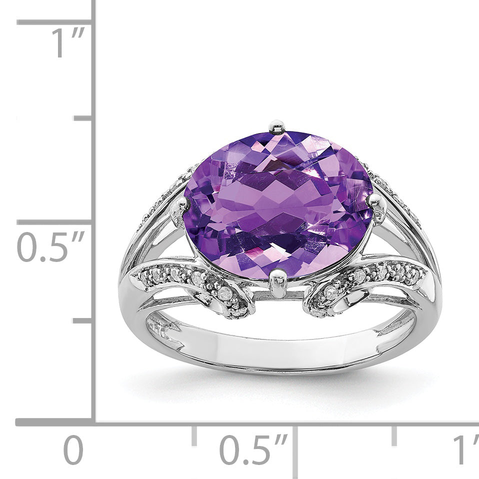 Sterling Silver Rhodium-plated Oval Amethyst & Diamond Ring