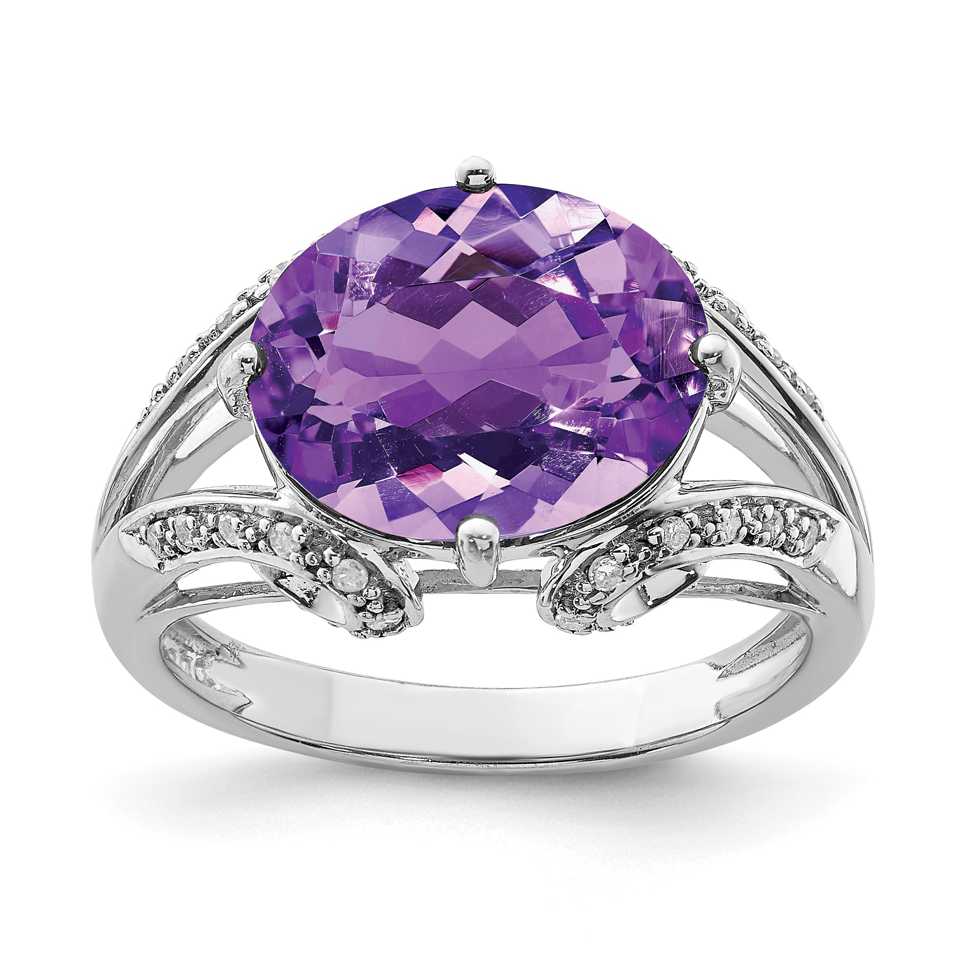 Sterling Silver Rhodium-plated Oval Amethyst & Diamond Ring