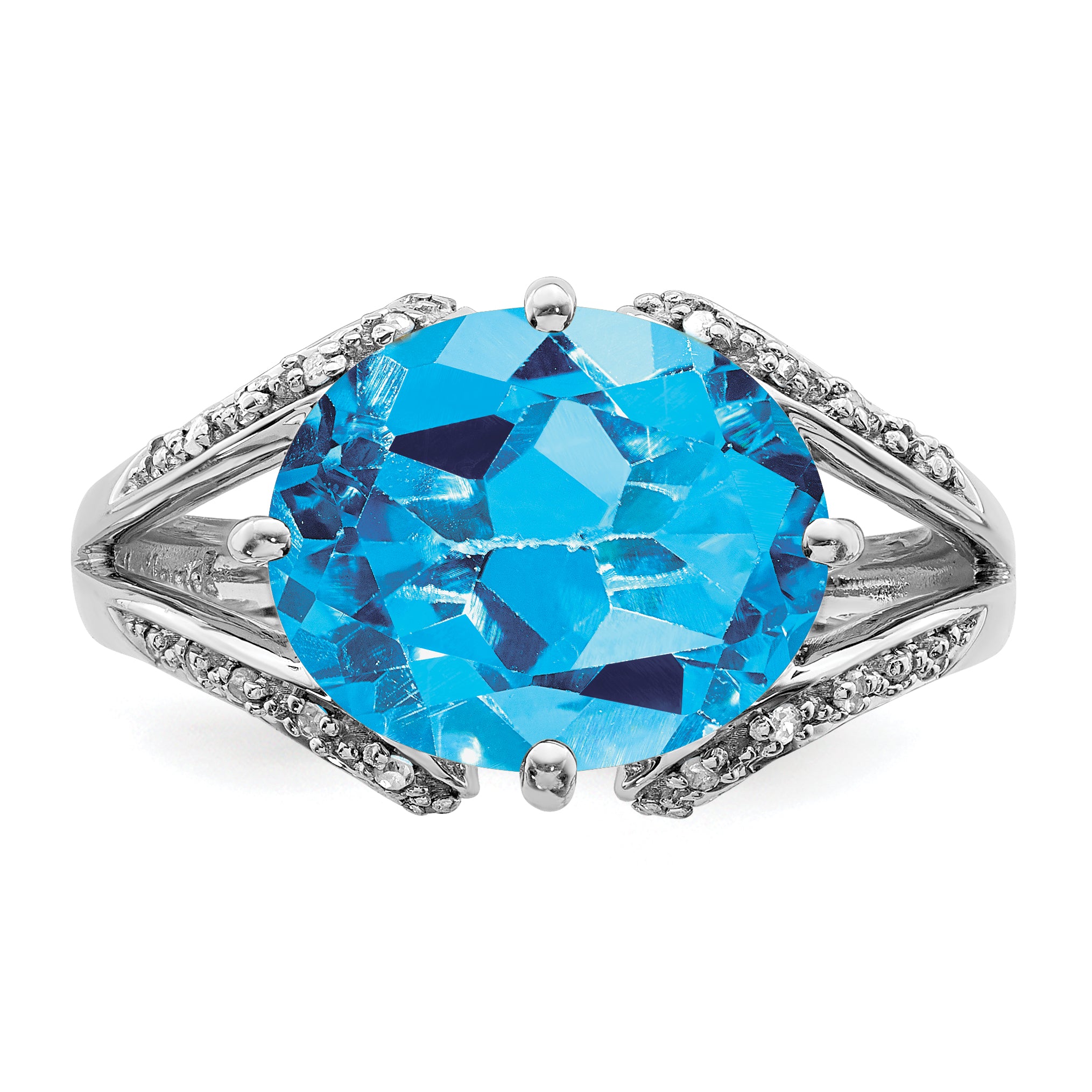 Sterling Silver Rhodium Oval Blue Topaz & Diamond Ring