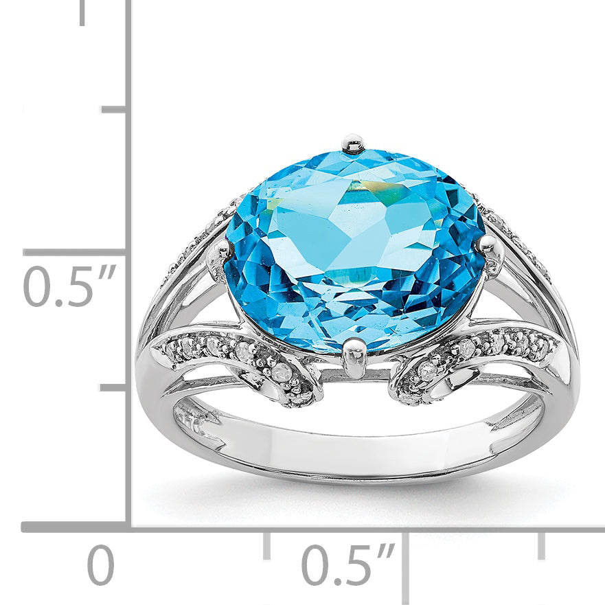 Sterling Silver Rhodium Oval Blue Topaz & Diamond Ring