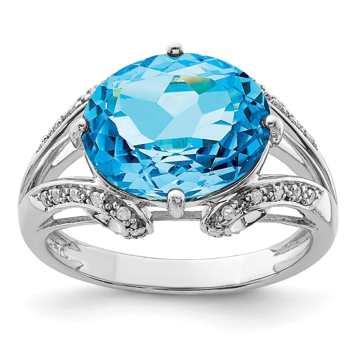 Sterling Silver Rhodium Oval Blue Topaz & Diamond Ring