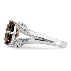 Sterling Silver Rhodium Oval Diamond & Smoky Quartz Ring