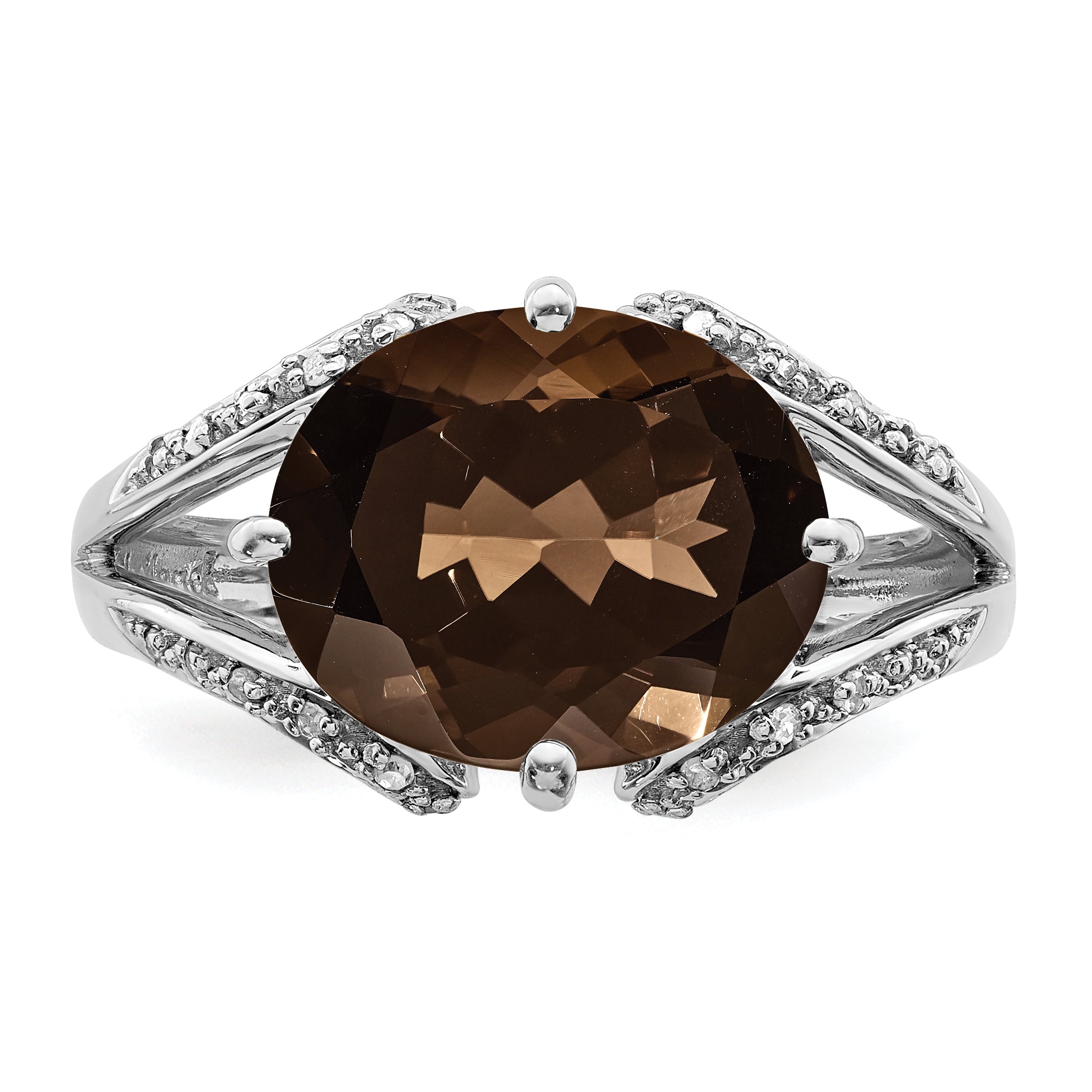 Sterling Silver Rhodium Oval Diamond & Smoky Quartz Ring