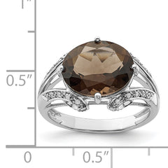 Sterling Silver Rhodium Oval Diamond & Smoky Quartz Ring