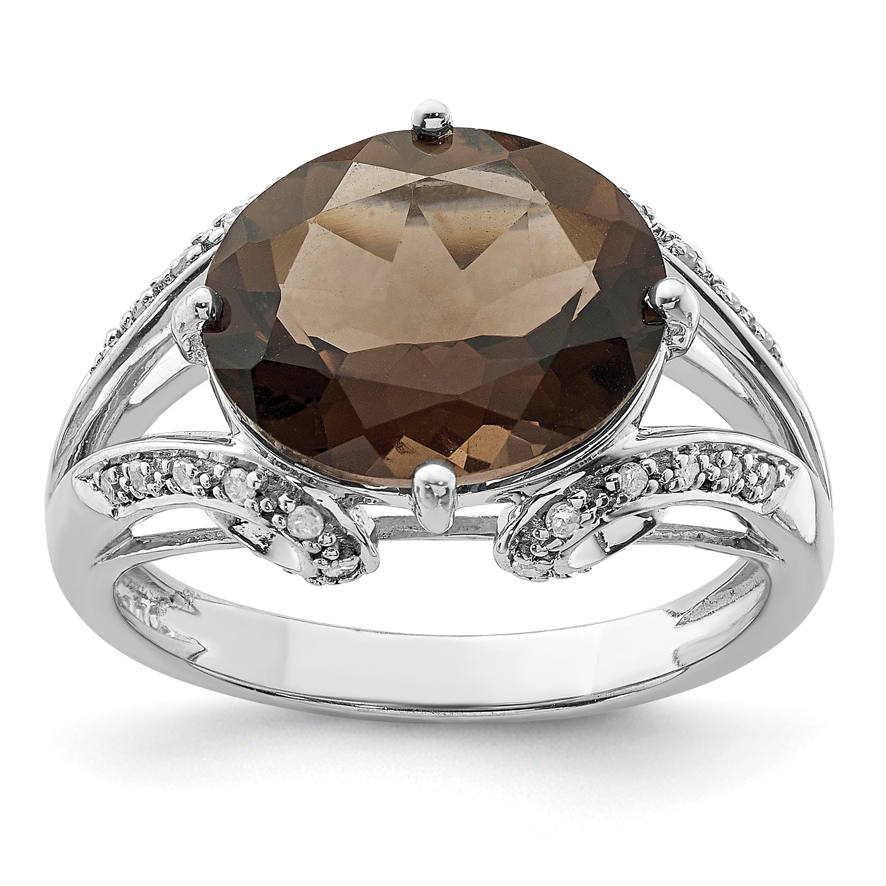 Sterling Silver Rhodium Oval Diamond & Smoky Quartz Ring