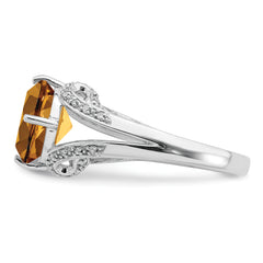 Sterling Silver Rhodium Oval Diamond & Whiskey Quartz Ring