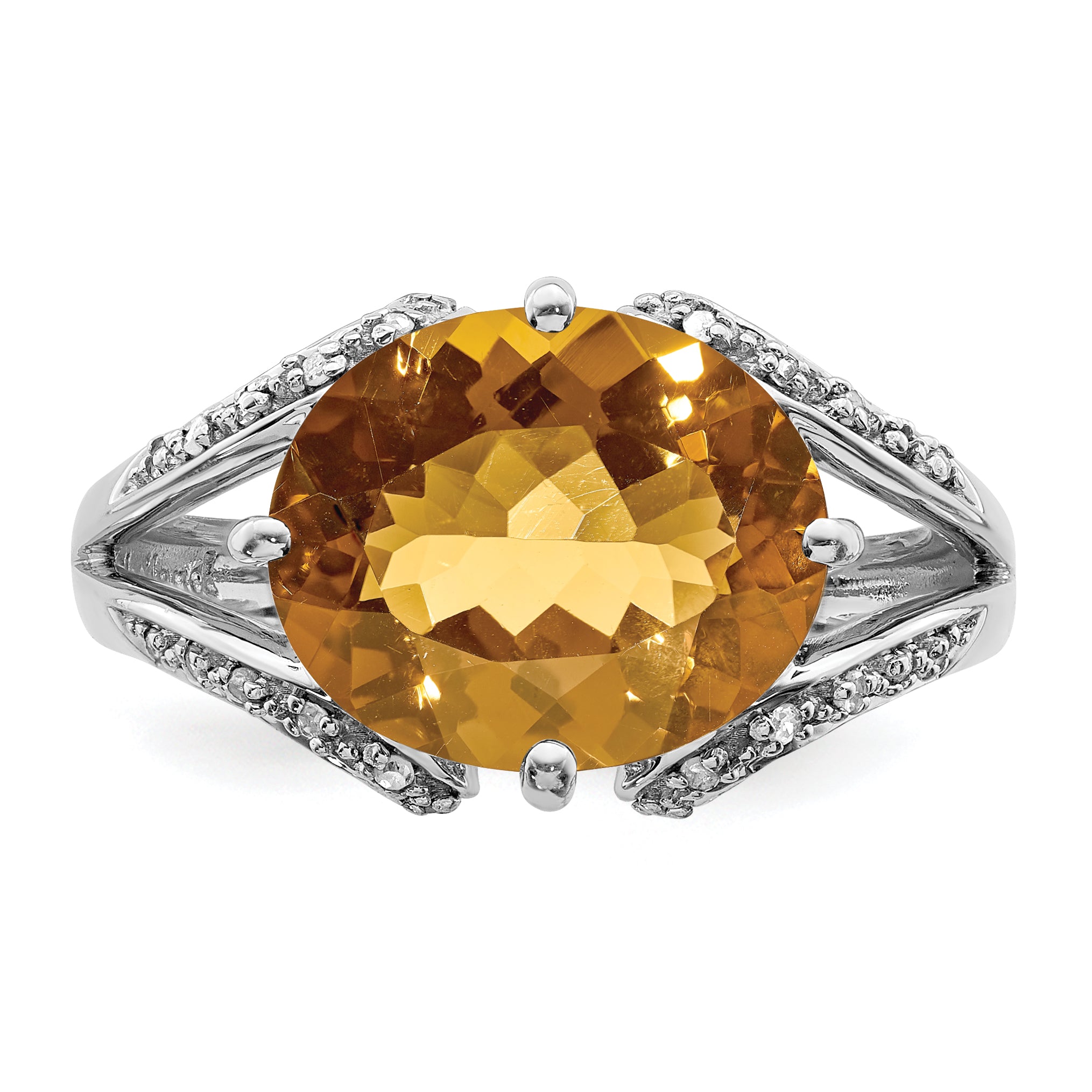 Sterling Silver Rhodium Oval Diamond & Whiskey Quartz Ring