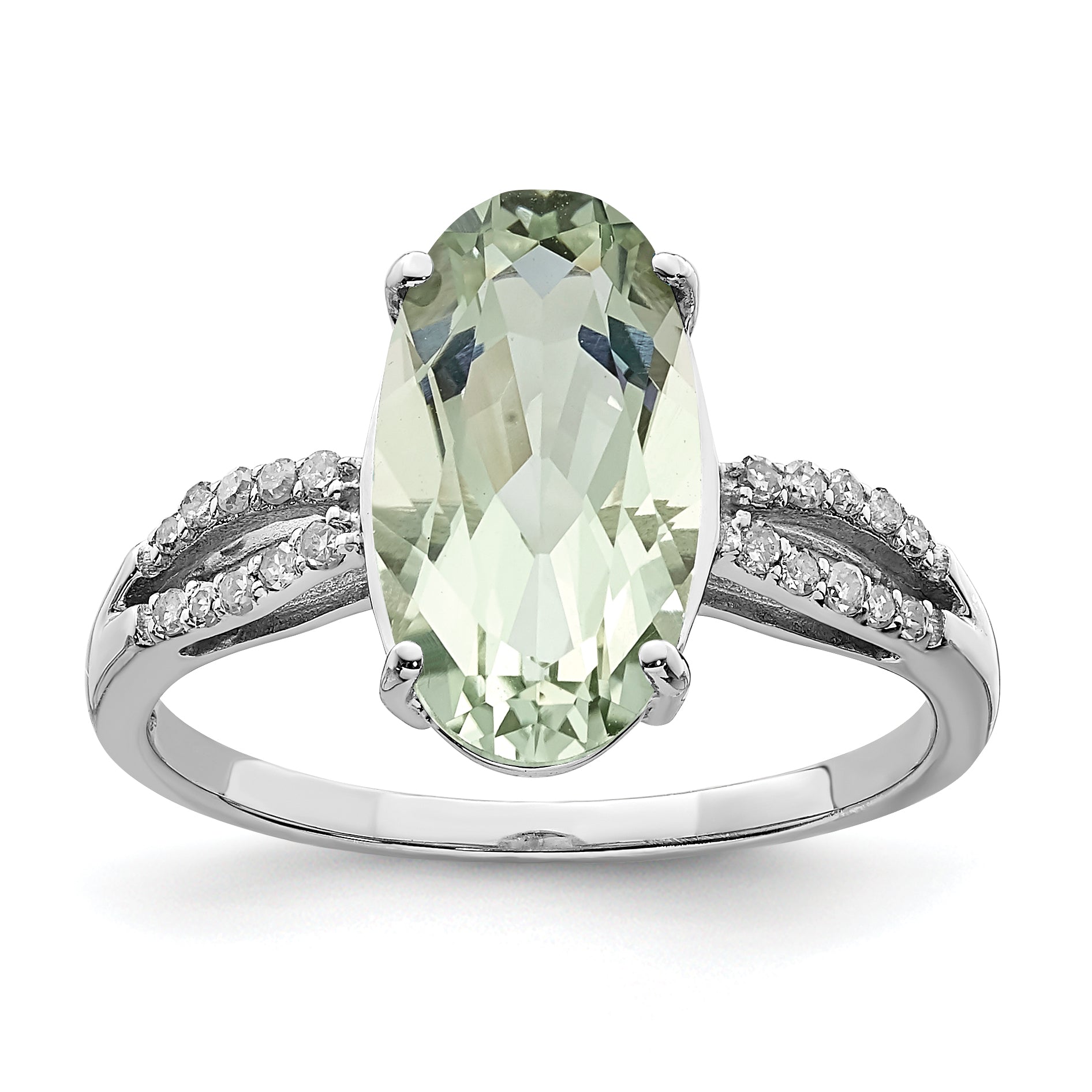 Sterling Silver Rhodium Green Quartz & Diamond Ring