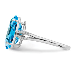 Sterling Silver Rhodium Oval Blue Topaz & Diamond Ring