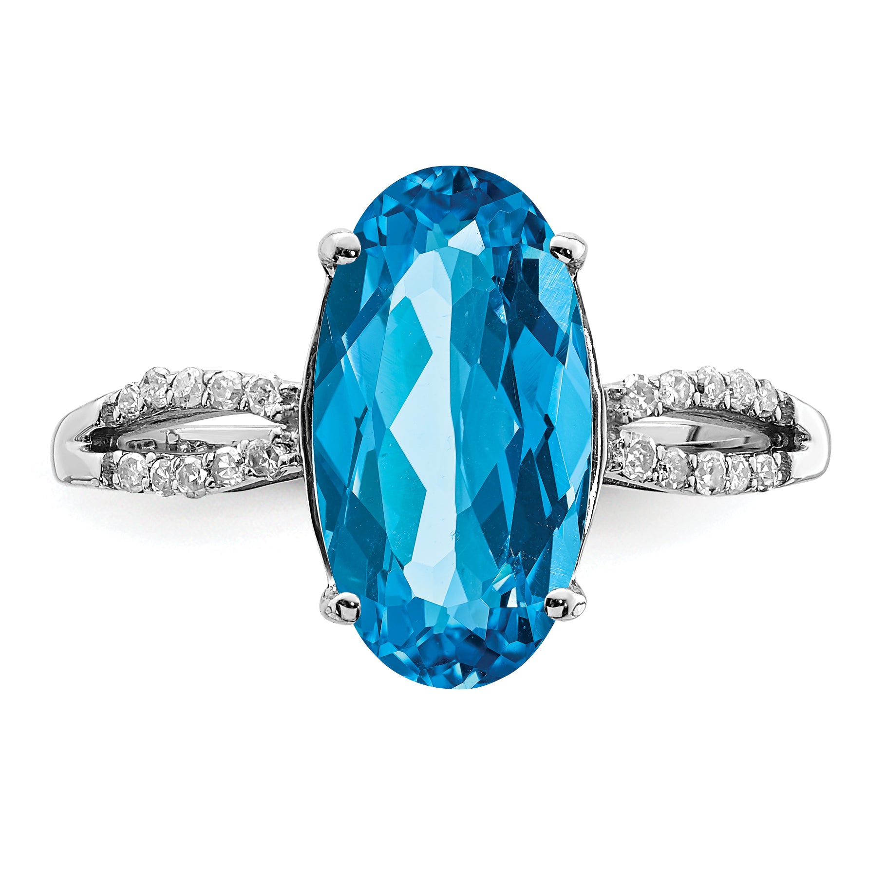 Sterling Silver Rhodium Oval Blue Topaz & Diamond Ring