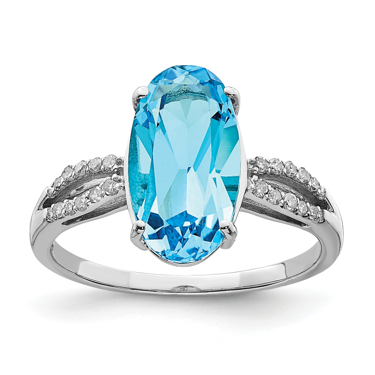 Sterling Silver Rhodium Oval Blue Topaz & Diamond Ring